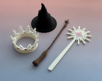 3D Printed Witch Hat, Crown & Wand Cake Decorations , enchanted charms and toppers