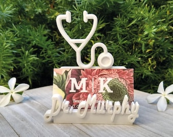 Doctor Nurse Medical Personalized Business Card Holder Desk Display 3D printed. White Stethoscope Customized Gift for nurse Desktop case.