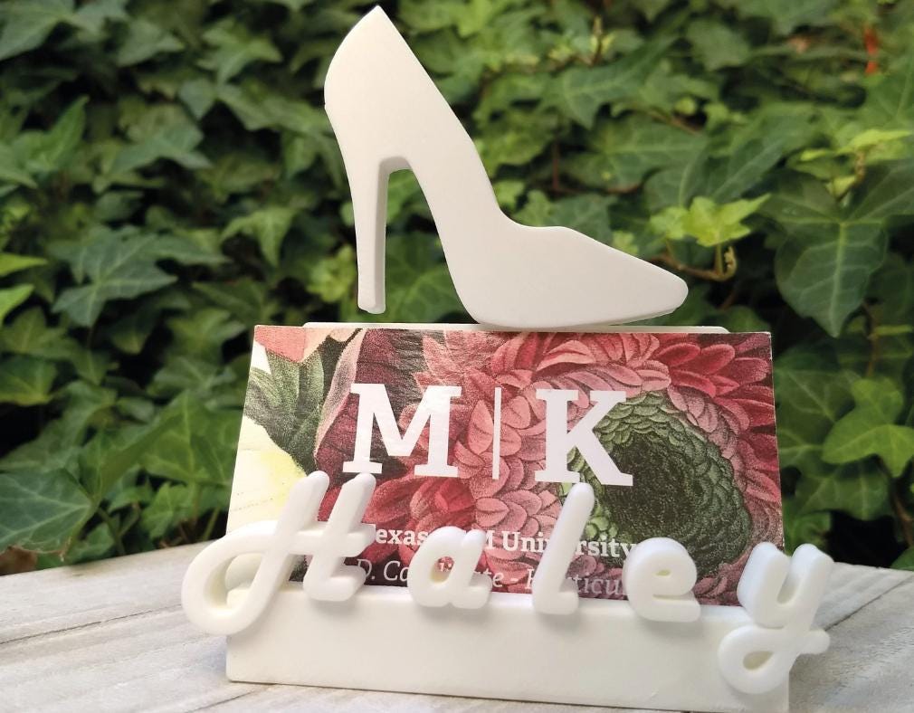 Personalized White Stiletto Business Card holder for women. Desktop card case for boutique, seamstress, fashion designer, stylist, marketing