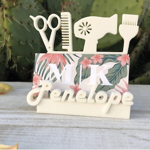 Portatarjetas de visita para estilista de cabello, escritorio personalizado, impreso en 3D, color blanco, regalo personalizado para salón de belleza, cosmetólogo, peluquero, escritorio