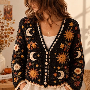 Könnte beinhalten: Eine schwarze Häkelstrickjacke mit V-Ausschnitt, hellen Knöpfen und einer dekorativen Bordüre. Das Kleidungsstück ist mit komplexen, farbenfrohen Motiven von Sonnen, Mondsicheln, Sternen und verschiedenen Blumenmustern in Orange-, Gelb- und Cremetönen verziert.
