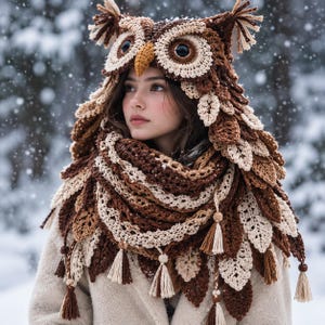 May include: A brown and cream crocheted owl hood with large circular eyes, a pointed beak, and ear tufts. The hood features layered leaf-shaped crochet patterns and dangling tassels along the edges, creating a textured, feathered appearance.