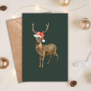 Cartão de Natal de rena para impressão, cartão de Natal com chapéu de Papai Noel de rena, cartão de felicitações festivo inclui tamanhos 5x7 e 4x6, arte de parede para impressão