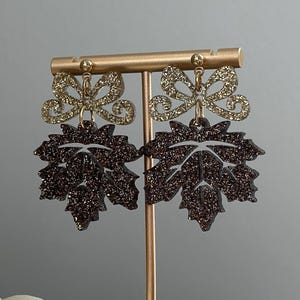 Gold Bow Thanksgiving Day Earrings with Glitter Fall Leaves