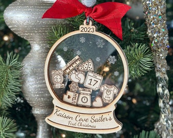 Custom Wooden Baby's First Christmas Snow Globe Ornament Shaker 3d snowglobe Personalized with Newborn Baby Information 2023 2024