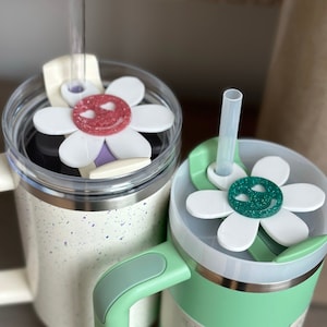 Cute Smiling Daisy Flower Tumbler Topper Tag for 40 oz Tumblers Glitter Smiley face heart gift for Girls