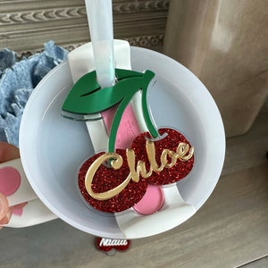 Personalized Glitter Cherry Tumbler Topper: Custom Acrylic Name Plate