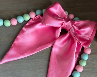 Trendy Hot Pink Poly Satin Long Tails Boutique Sewn Bow Sailor Style gift for teens French clip