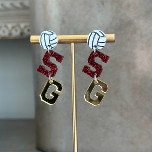 Personalized School Spirit Volleyball Earrings For Coaches and Moms With High School Team Colors and initials.