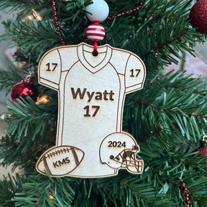 Custom Football Player Ornament: Boys Hardwood Engraved Jersey, 2026 Senior Night idea