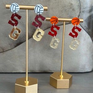 Personalized School Spirit Volleyball Earrings For Coaches and Moms With High School Team Colors and initials.