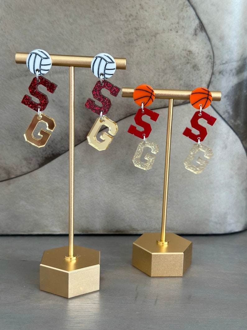 Personalized School Spirit Volleyball Earrings For Coaches and Moms With High School Team Colors and initials.