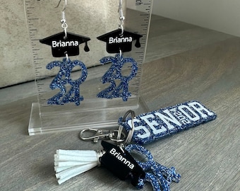 Senior Grad Gift Set for the Class of 2024 High School Graduate includes Novelty Grad Cap Earrings and Personalized Keychain