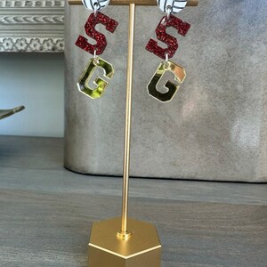 Personalized School Spirit Volleyball Earrings For Coaches and Moms With High School Team Colors and initials.