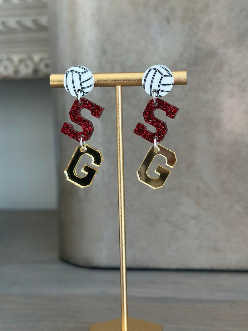 Personalized School Spirit Volleyball Earrings For Coaches and Moms With High School Team Colors and initials.