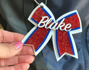 Personalized Cheer Bow Keychain Custom Name Team Colors Bag Tag for backpacks