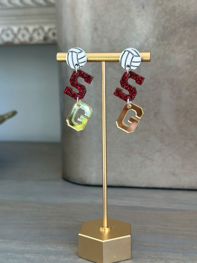 Personalized School Spirit Volleyball Earrings For Coaches and Moms With High School Team Colors and initials.