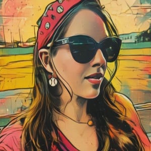 May include: An artistic portrait of a person wearing black sunglasses, a red headband, and baseball-themed earrings. The person is also wearing a red shirt and a necklace with a yellow pendant. The background features a colorful, abstract landscape.