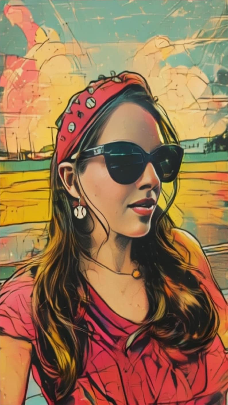 May include: An artistic portrait of a person wearing black sunglasses, a red headband, and baseball-themed earrings. The person is also wearing a red shirt and a necklace with a yellow pendant. The background features a colorful, abstract landscape.