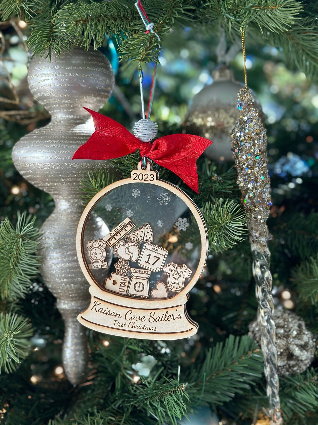 Custom Wooden Baby's First Christmas Snow Globe Ornament Shaker 3d