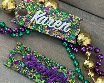 Mardi Gras Confetti Glitter Tumbler Topper Tag Personalized Name Plate for 20 30 40 oz Tumblers Custom NOLA Gift for Women Co Workers