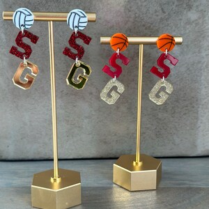 Personalized School Spirit Volleyball Earrings For Coaches and Moms With High School Team Colors and initials.