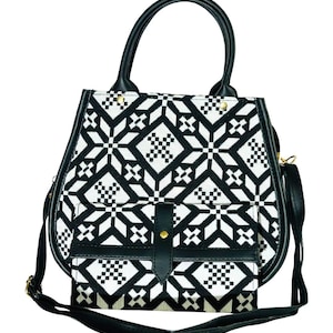 Boho Geometric Tote Bag: Handmade Black and White Crossbody Purse