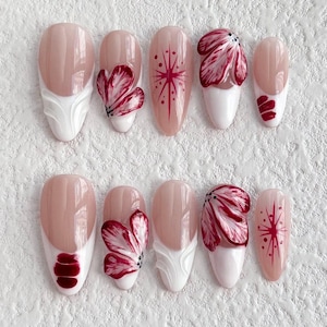 Floral press on nails, almond nails, hand painted , vacation false nails, reuseable nails, handmade press on nails, press ons, Bali nails