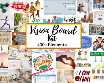 May include: A collage of images for a vision board kit with over 450 elements. The images include travel, success, health, money, and more. The text "Vision Board Kit 450+ Elements" is in the center of the collage.