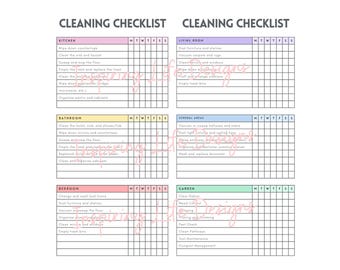 May include: A printable cleaning checklist with sections for kitchen, bathroom, bedroom, living room, central areas, and garden. Each section has a list of tasks with checkboxes for each day of the week.