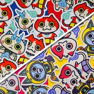 May include: A collection of colourful cartoon character stickers featuring a variety of designs. The stickers are on a yellow, red and blue background.