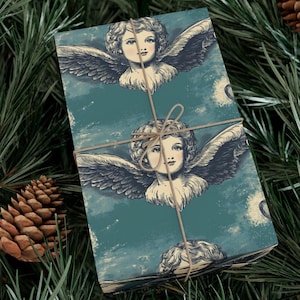 RETRO CHERUB with WINGS Valentines Day Card 1940s-Inspired Line Drawing, Classic Large Wings, Bright Blue Background, Kitsch Painting Style