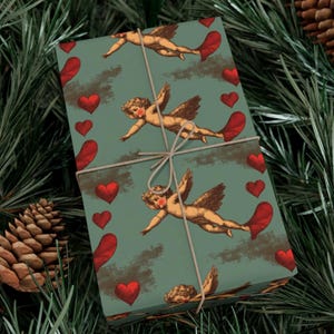 VINTAGE CHERUB in the Clouds Valentines Day Gift Wrapping Paper, Kitsch Art, Retro Teal Sky Red Hearts, Bridal Shower Classic Illustration
