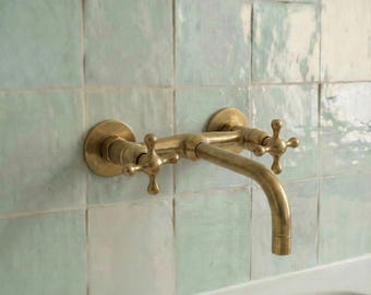 Brass Wall Mounted Faucet, Handmade Bathroom Sink Tap, Vintage Brass Spout, Moroccan Style Faucet, Rustic Bathroom Fixture, Solid Brass Tap