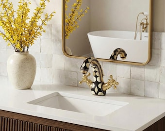 Handmade Brass Bathroom Faucet – Luxury Moroccan Brass Sink Tap with Decorative Inlay, Vintage Style Mixer