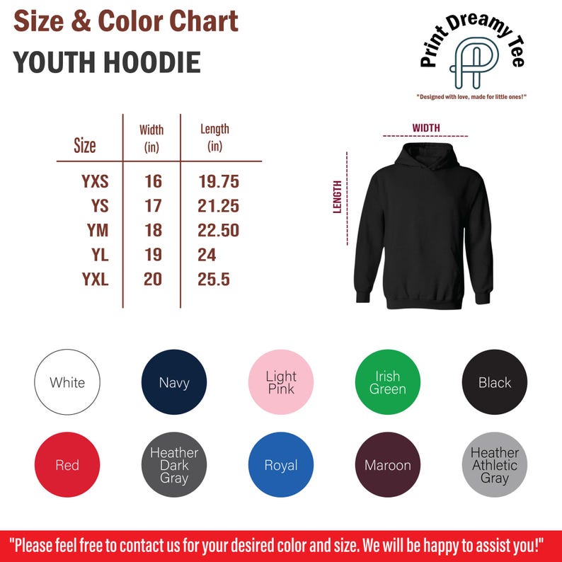 K&ouml;nnte beinhalten: Gr&ouml;&szlig;en- und Farbtabelle f&uuml;r einen Kapuzenpullover f&uuml;r Jugendliche, mit Ma&szlig;en in Zoll. Die Tabelle enth&auml;lt die Gr&ouml;&szlig;en YXS bis YXL mit den entsprechenden Breiten- und L&auml;ngenma&szlig;en. Farboptionen umfassen Wei&szlig;, Marineblau, Hellrosa und mehr.