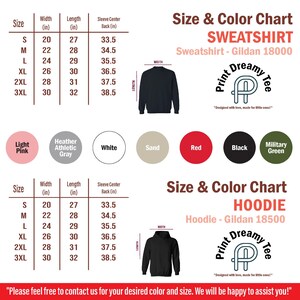 May include: Size chart for sweatshirts and hoodies in various sizes and colours. The chart shows the width, length, and sleeve centre back measurements in inches for sizes S, M, L, XL, 2XL, and 3XL. The colours available are light pink, heather athletic grey, white, sand, red, black, and military green. The chart also includes a graphic of a black sweatshirt and a black hoodie.