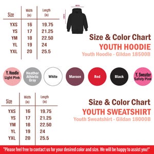 the size and color chart for a youth's hoodie