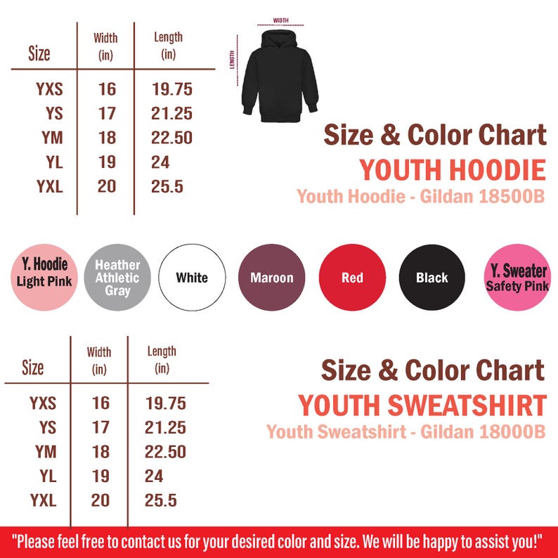 the size and color chart for a youth's hoodie