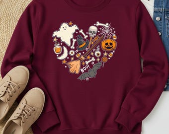 Retro Halloween Heart Sweat, Halloween Tee, Spooky Cute Halloween Shirt, Retro Happy Halloween Shirt, Funny Sweater, Trendy Halloween Hoodie
