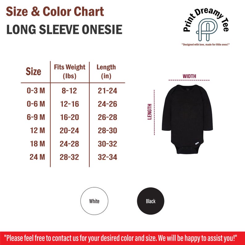 K&ouml;nnte beinhalten: Eine Gr&ouml;&szlig;en- und Farbtabelle f&uuml;r einen Langarm-Onesie. Die Tabelle listet Gr&ouml;&szlig;en von 0-3 Monaten bis 24 Monaten mit entsprechenden Gewichts- und L&auml;ngenma&szlig;en in Zoll auf. Ein schwarzer Onesie ist rechts abgebildet. Der Text "Print Dreamy Tee" ist ebenfalls sichtbar.