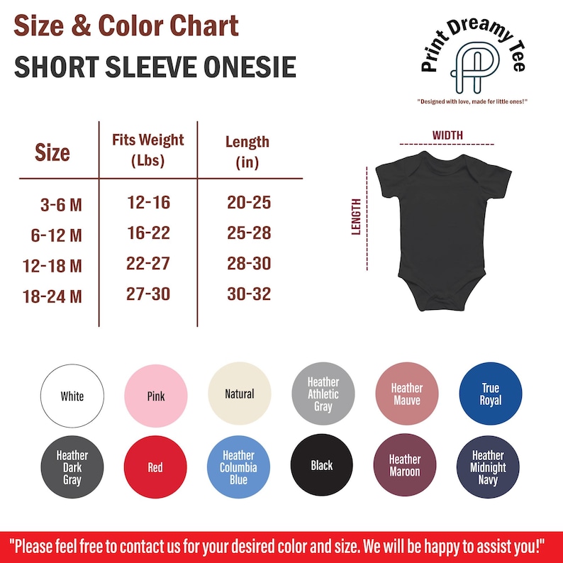 May include: Size chart for short sleeve onesies with color options. The chart shows sizes from 3-6 months to 18-24 months, with corresponding weight and length measurements in inches. Color options include white, pink, natural, heather athletic gray, heather mauve, true royal, heather dark gray, red, heather columbia blue, black, heather maroon, and heather midnight navy.