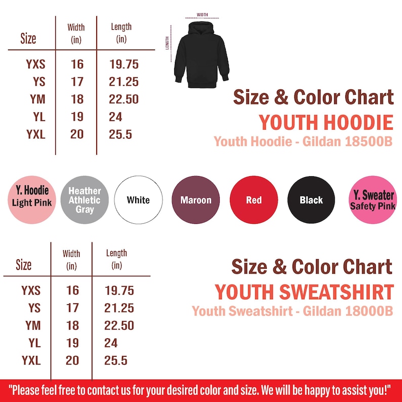 May include: Size chart for youth hoodies and sweatshirts. The chart shows the width and length in inches for sizes YXS, YS, YM, YL, and YXL. The chart also includes colour options for the hoodies and sweatshirts, including light pink, heather grey, white, maroon, red, black, and safety pink.
