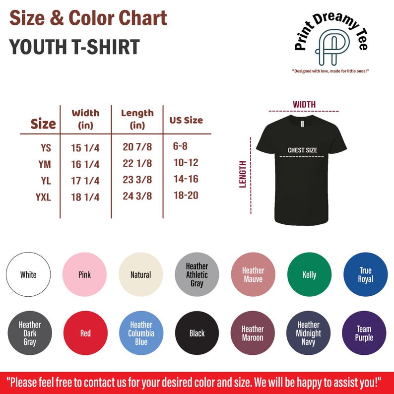 May include: Size chart for youth t-shirts with measurements in inches.  The chart shows sizes from YS to YXL with corresponding width and length measurements.  The chart also includes a color chart with 12 different color options.