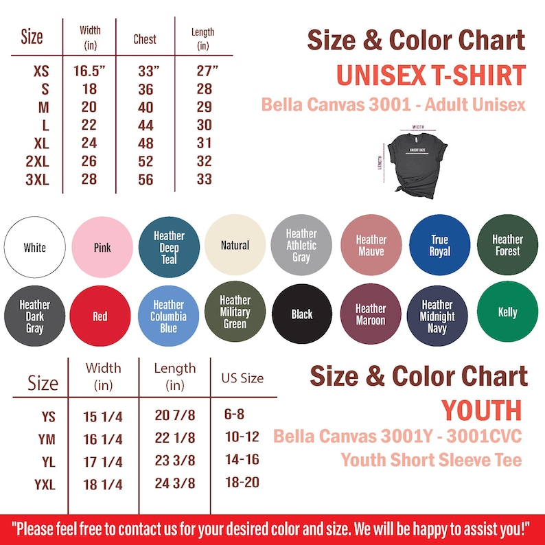 the size and color chart for a t - shirt
