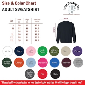 K&ouml;nnte beinhalten: Gr&ouml;&szlig;en- und Farbtabelle f&uuml;r einen Erwachsenen-Sweatshirt. Die Tabelle zeigt die Ma&szlig;e in cm f&uuml;r die Gr&ouml;&szlig;en S bis 3XL, mit einer Breite von 50,8 bis 76,2 cm und einer L&auml;nge von 68,6 bis 81,3 cm. Farboptionen sind Wei&szlig;, Marineblau, Rosa, Gr&uuml;n und mehr.