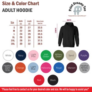 K&ouml;nnte beinhalten: Gr&ouml;&szlig;en- und Farbtabelle f&uuml;r einen Kapuzenpullover f&uuml;r Erwachsene, mit Ma&szlig;en in Zoll. Enth&auml;lt eine schwarze Kapuzenpullover-Grafik und eine Farbpalette mit Wei&szlig;, Marineblau, Rosa, Gr&uuml;n und anderen Farben.