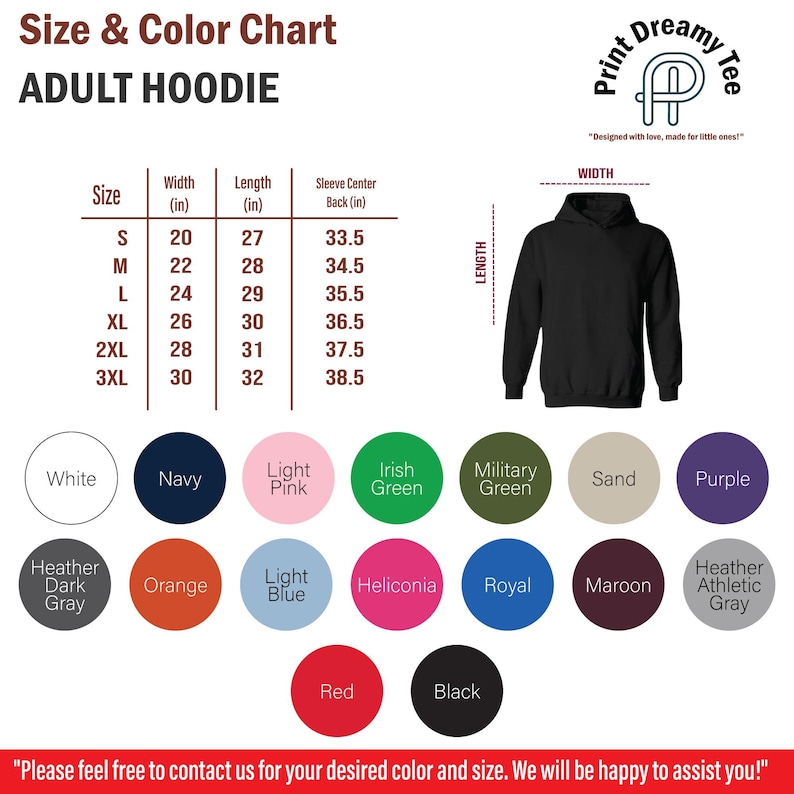 K&ouml;nnte beinhalten: Gr&ouml;&szlig;en- und Farbtabelle f&uuml;r einen Kapuzenpullover f&uuml;r Erwachsene, mit Ma&szlig;en in Zoll. Enth&auml;lt eine schwarze Kapuzenpullover-Grafik und eine Farbpalette mit Wei&szlig;, Marineblau, Rosa, Gr&uuml;n und anderen Farben.