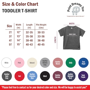 May include: Size chart for toddler t-shirts with a color chart showing different colors and styles. The chart shows sizes 2T, 3T, 4T, and 5T with corresponding width, length, and weight measurements in inches and pounds. The color chart shows 12 different colors.