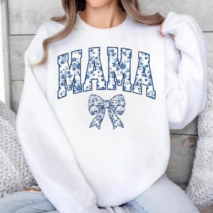 Mama Blue Ribbon Sweatshirt, Mothers Day Gift, Aesthetic Gift For Mom, Cute Mom Sweater, Toile Bow Hoodie, Chinoiserie Sweatshirt, Women Tee